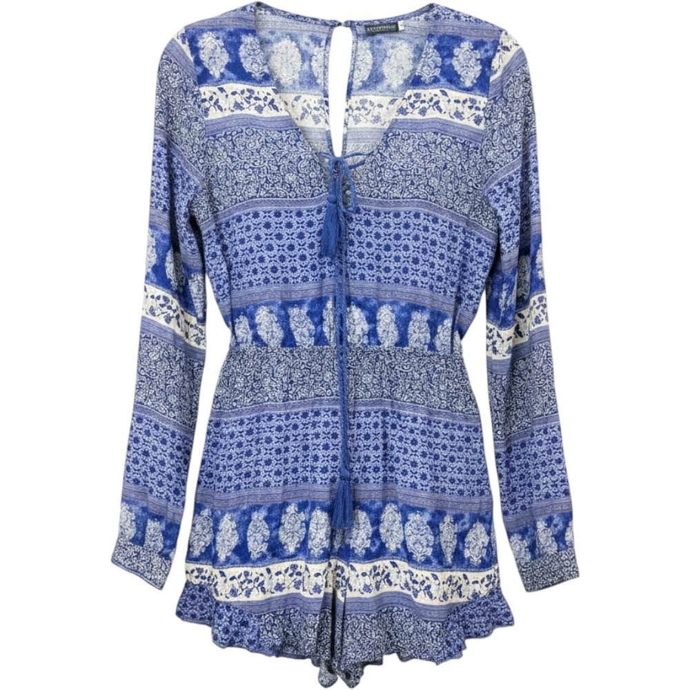 Earthbound Trading Co Women Medium Romper Blue Paisley Floral Tassel Long Sleeve